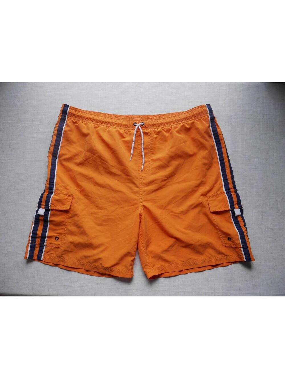 Roundtree & Yorke Mens L Swim Trunks Cargo Shorts Orange Blue Striped Mesh
